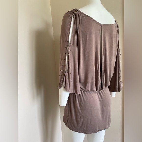 Vintage Y2K Cache Tunic Mini Dress Cold Shoulder Honey Beige Size Medium - Picture 3 of 15